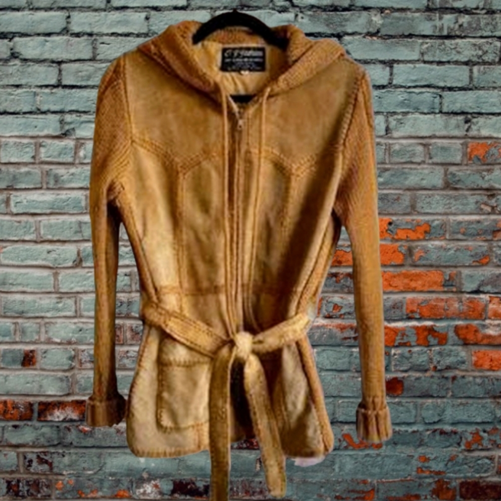 Vintage hooded Suede and Knit cardigan zipper and belt